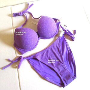 L/M VS PINK SWIM Super Push-Up Top Bikini Set +2cup Silver Lurex 36C 36D 38B 38C